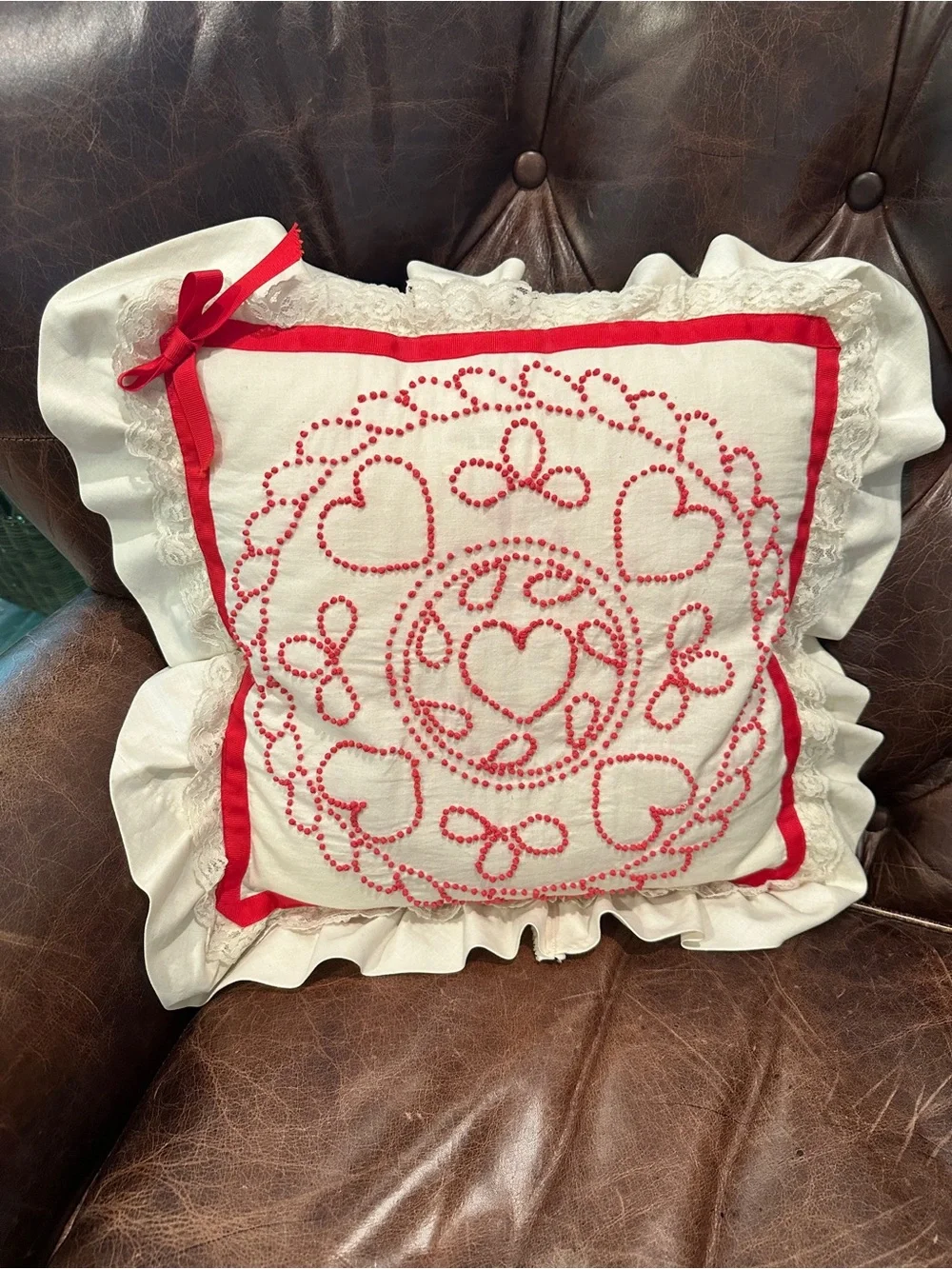 Vintage Hand-Embroidered Red and White Decorative Pillow - Home Holiday